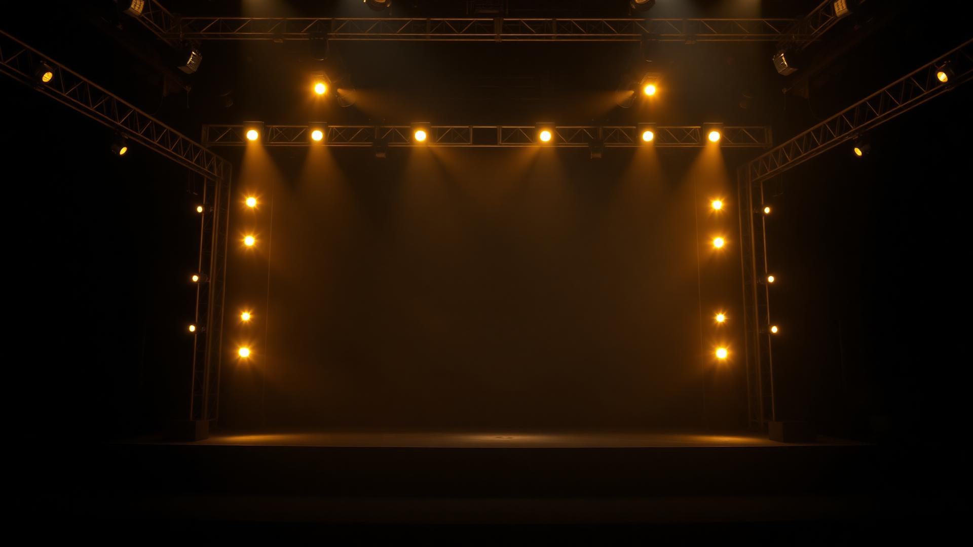 Palco iluminado por luzes douradas antes de uma apresentação musical